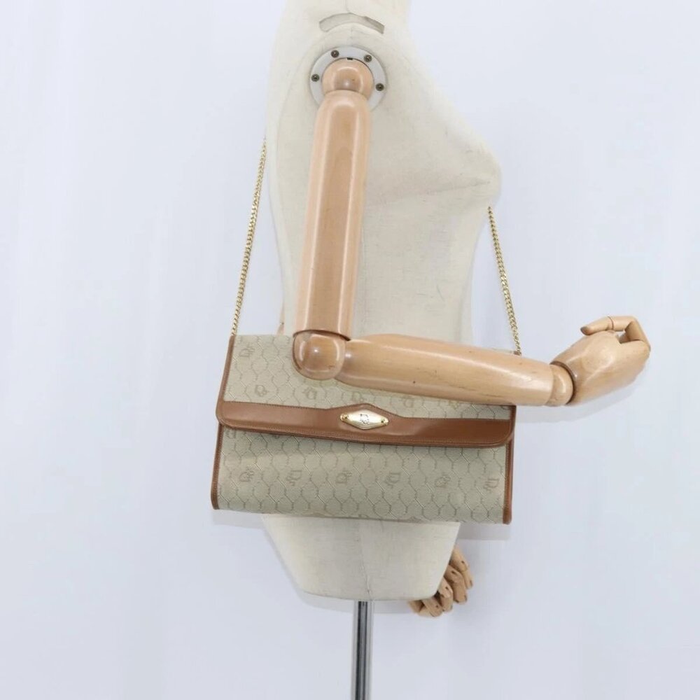 Christian Dior Honeycomb Canvas Chain Shoulder Bag Beige Auth bs30461